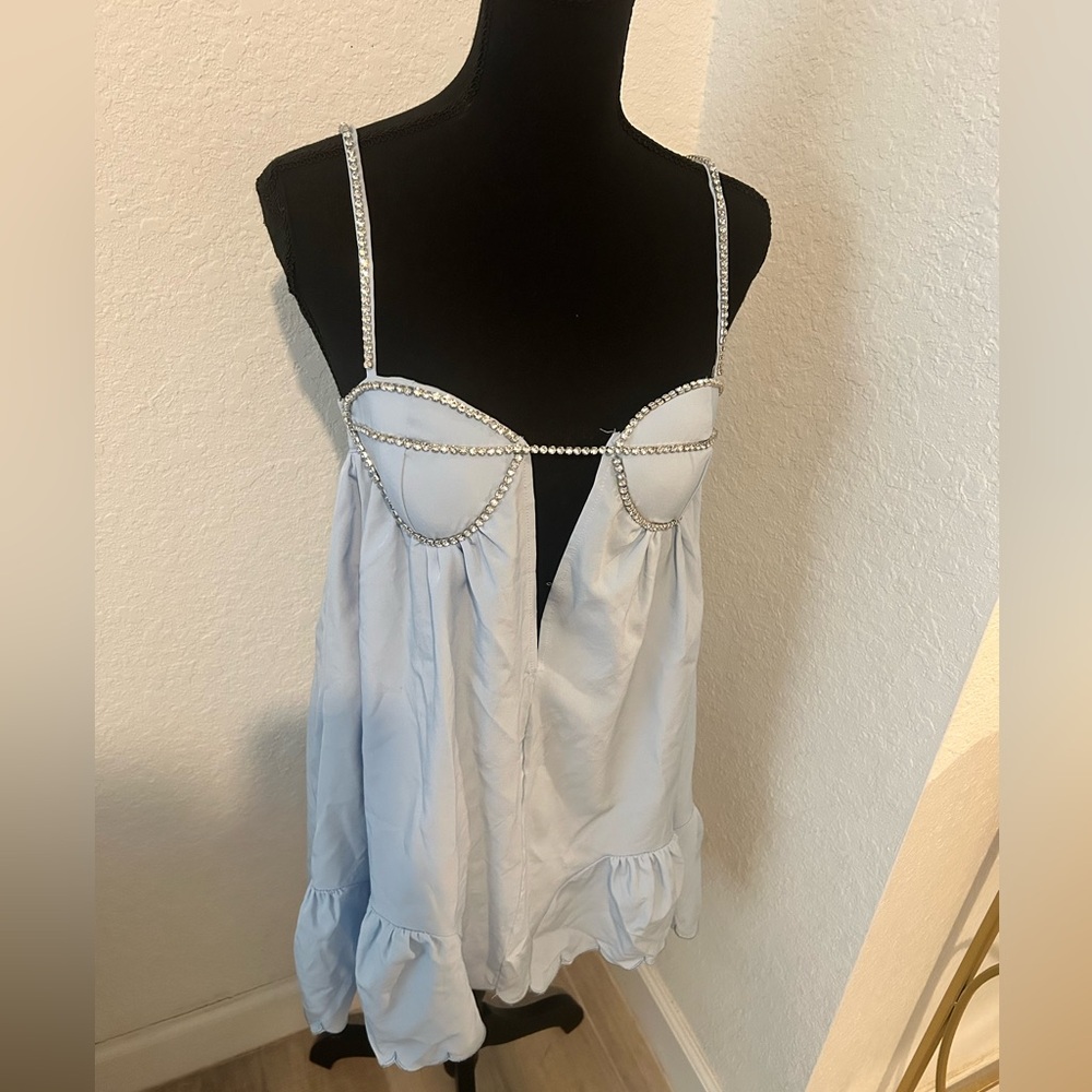 Area Scalloped Crystal Light Blue Dress with Rhinestone Straps